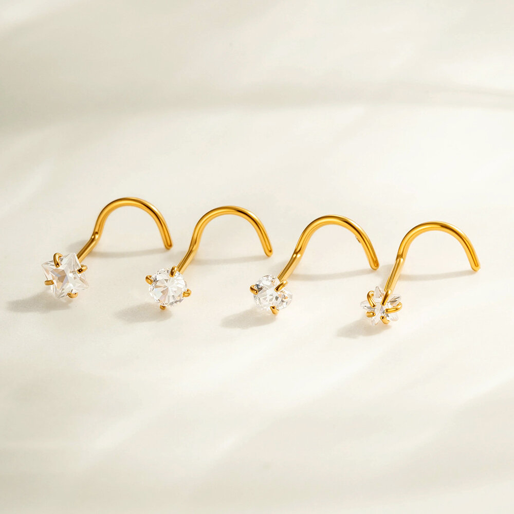 Minimalsit Rechteckiger Nasenstecker aus Titanlegierung in Goldfarbe mit Zirkonia für Damen