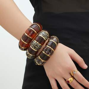 Stylish Leopard Print Stainless Steel Waterproof Gold Color Acrylic Women's Bangles h5 Picture5