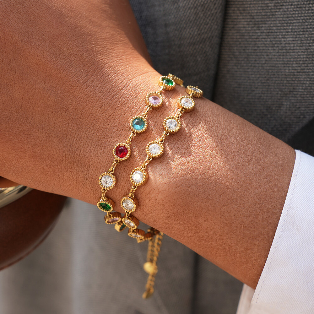 1 farbiges Zirkon-Armband aus wasserfestem, anlaufgeschütztem Edelstahl in Goldfarbe für Damen h5Bild4