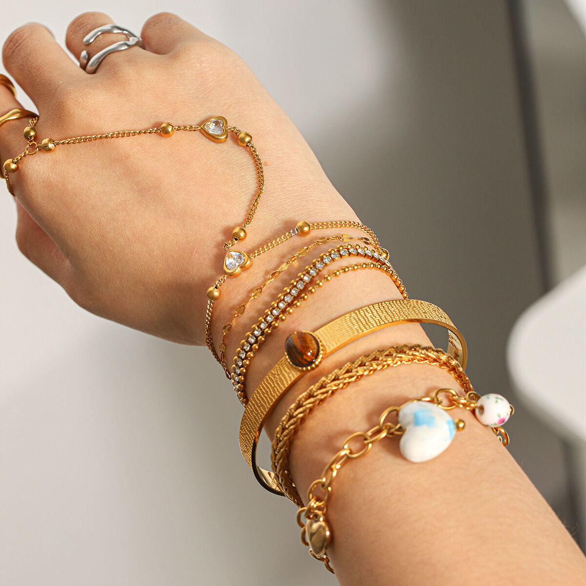 Chain Stainless Steel Waterproof Gold Color Natural Stone Zircon Bracelet Set