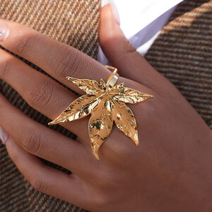 Vivid Maple Leaf Stainless Steel Waterproof&Anti-tarnish Gold Color Statement Rings h5 Picture4