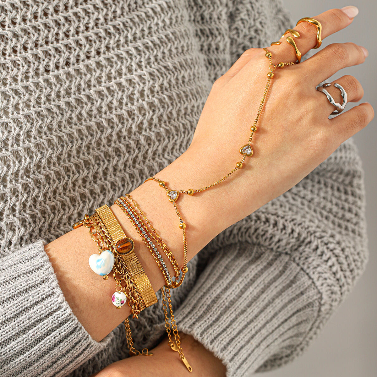 Chain Stainless Steel Waterproof Gold Color Natural Stone Zircon Bracelet Set Picture5