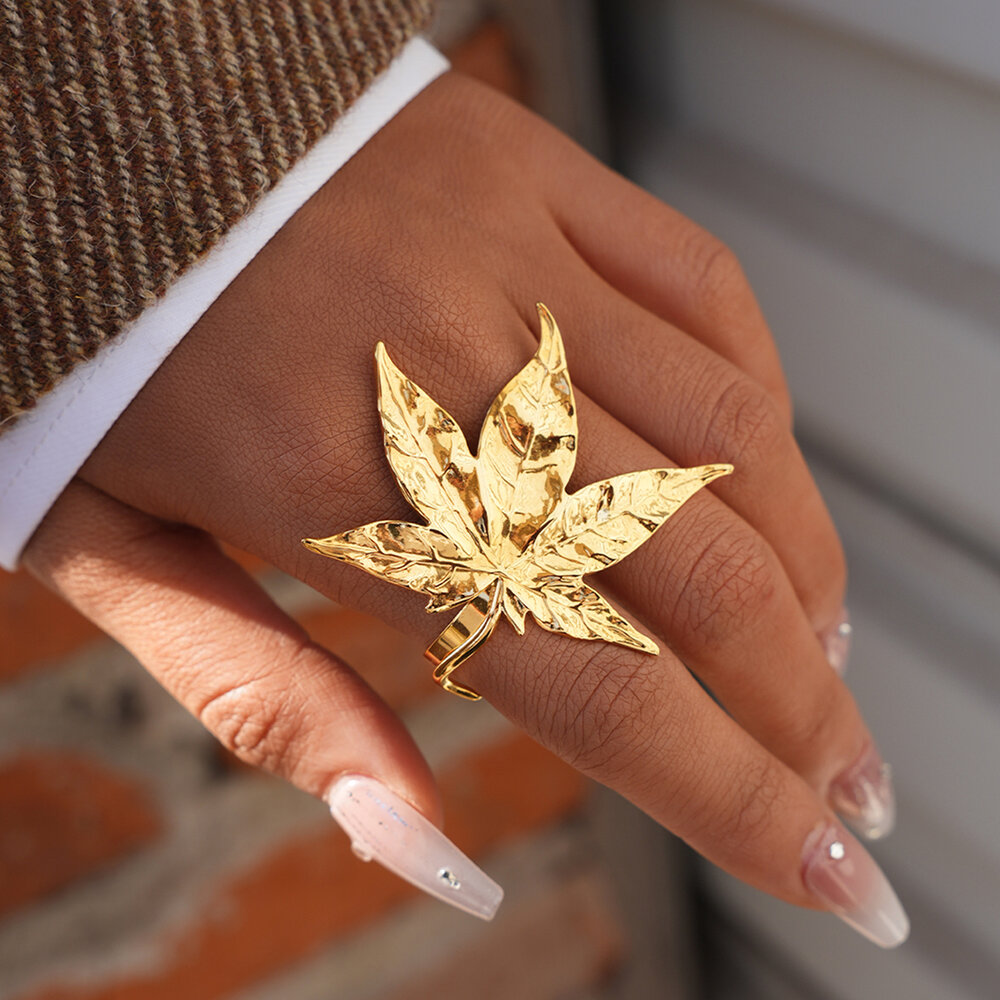 Vivid Maple Leaf Stainless Steel Waterproof&Anti-tarnish Gold Color Statement Rings Picture6