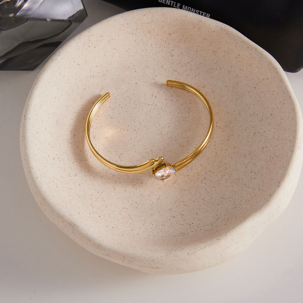 Sparkling Curve Shape Stainless Steel Waterproof Gold Color Zircon Women's Cuff Bracelets h5 Picture4