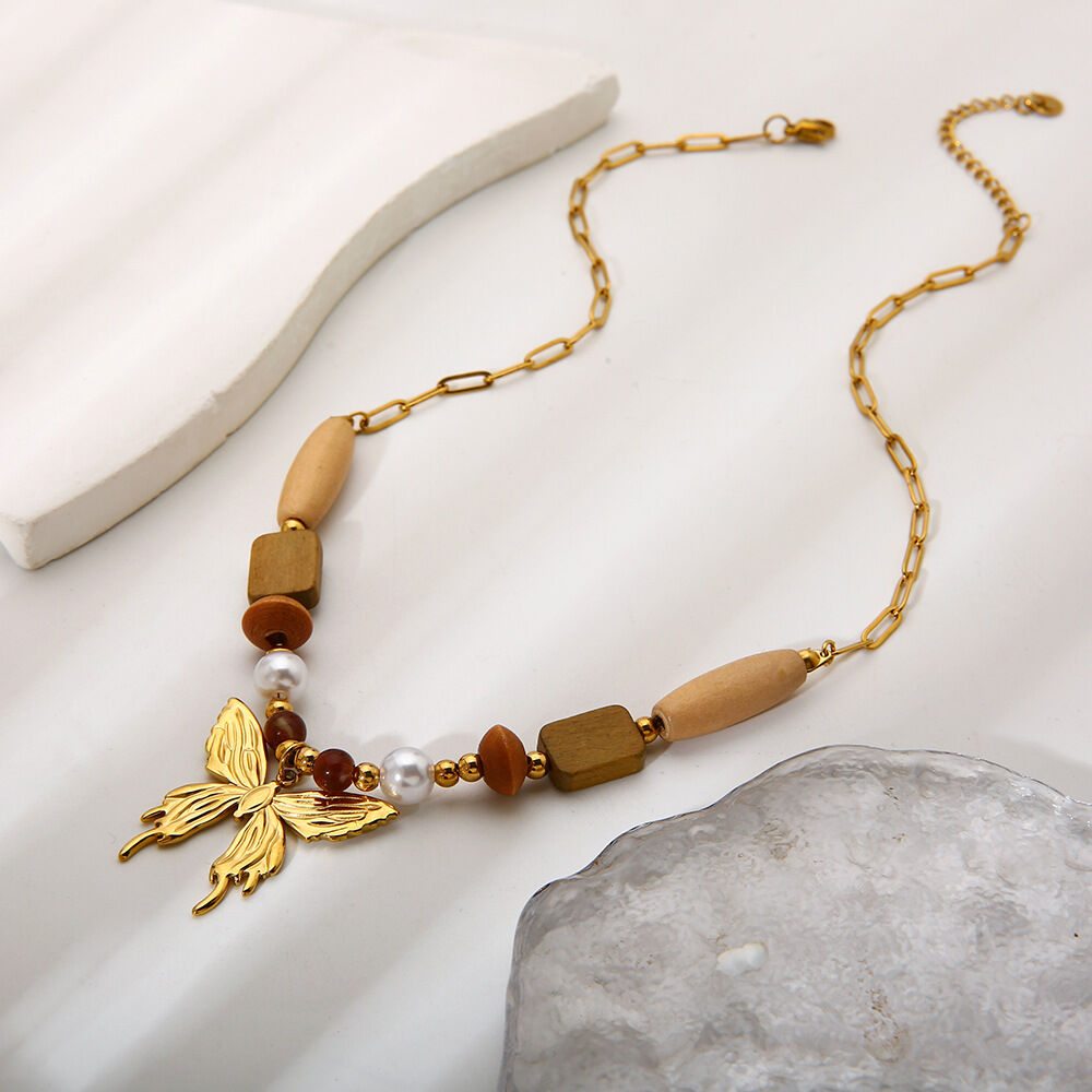Butterfly Wooden Beads Stainless Steel Waterproof  Anti - Tarnish Gold Color Women's Pendant Necklaces