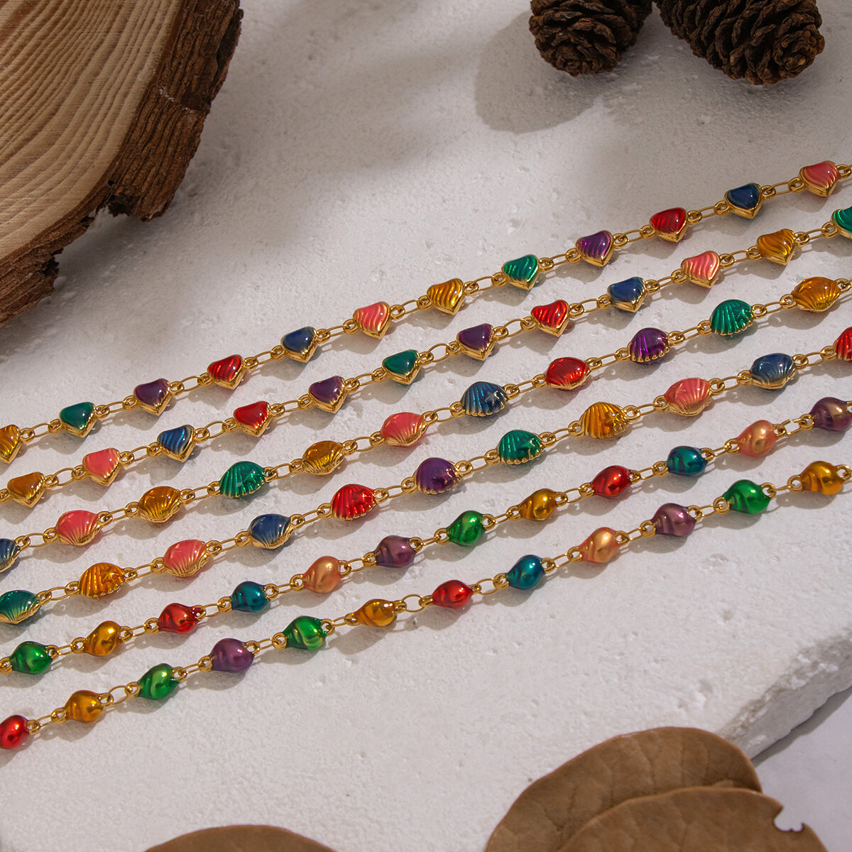 Retro Enamel Heart Shell Shape Stainless Steel Waterproof Gold Color Women's Jewelry Sets 2