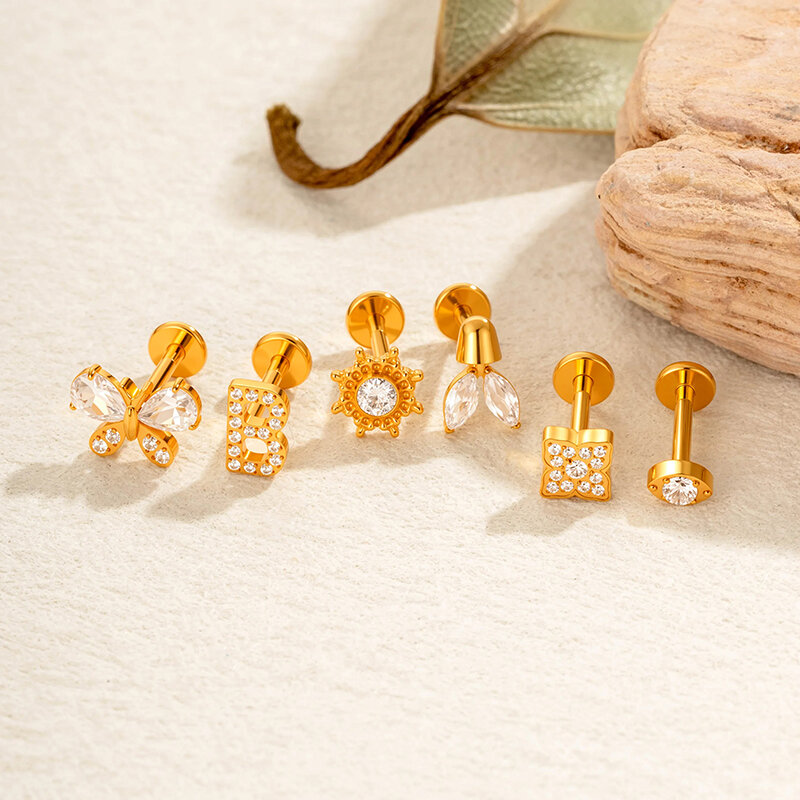Letter Titanium Alloy Gold Color Zircon Women's Piercing Earrings h5 Picture5