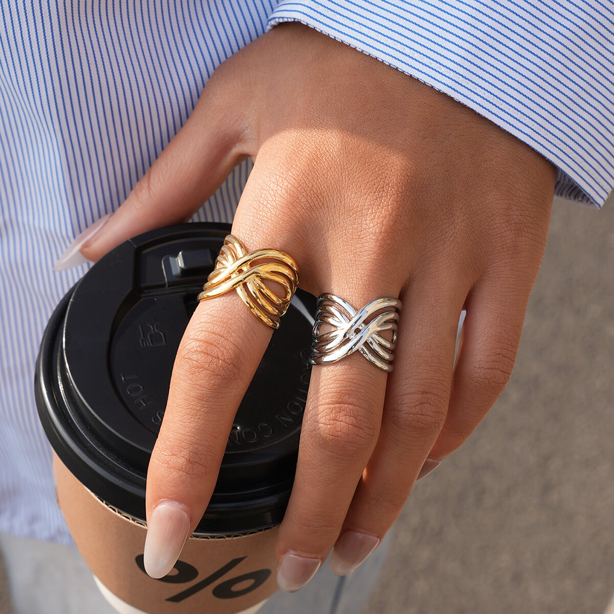 Daily Curve Shape Stainless Steel Waterproof Gold Color Statement Rings h5 Picture3