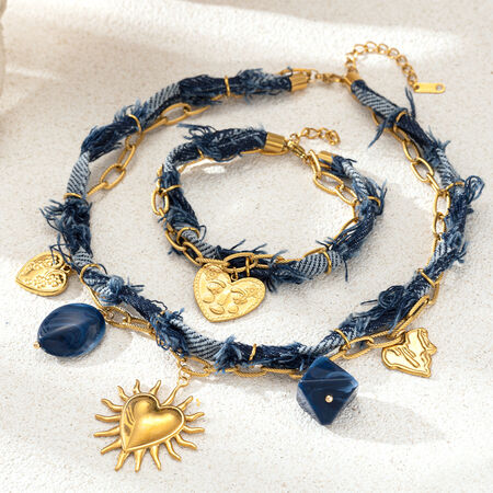 1 Piece Simple Heart Denim Stainless Steel Waterproof Gold Color Women's Necklaces Sets 2