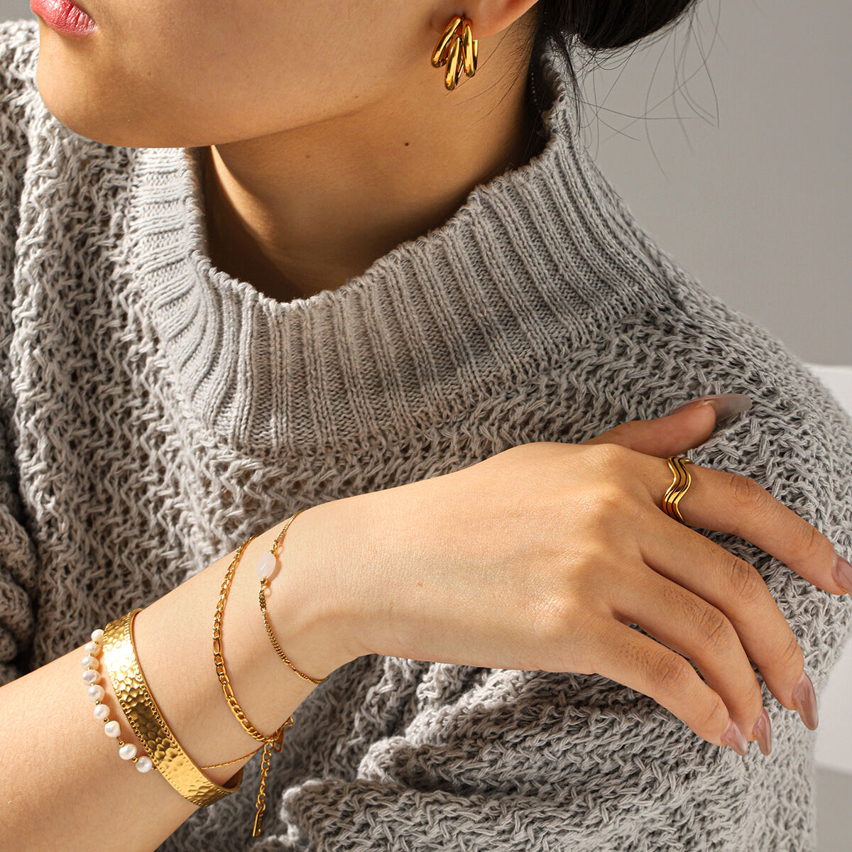 Pearl Beads & Chain Stainless Steel Waterproof Gold Color Bracelet