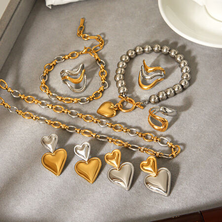 Heart Circle Stainless Steel Waterproof Gold Color Pendant Necklace Set