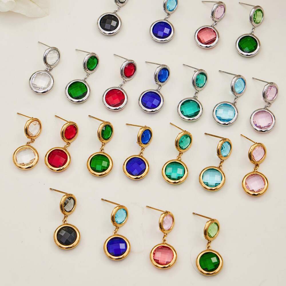 Colorful Round Glass Stainless Steel Waterproof Gold Color Women's Jewelry Sets h5Picture4