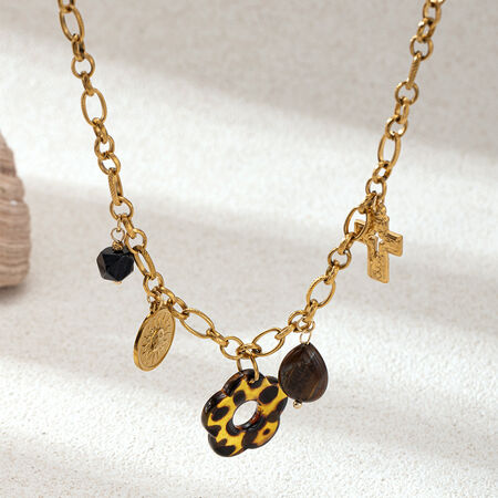 1 Piece Leopard Print Flower Stainless Steel Waterproof Gold Color Women's Pendant Necklaces