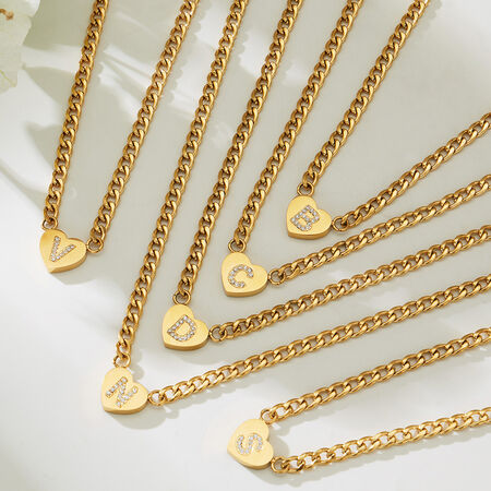 Lustrous Letter Heart Stainless Steel Waterproof Anti - Tarnish Gold Color Zircon Women's Pendant Necklaces 2