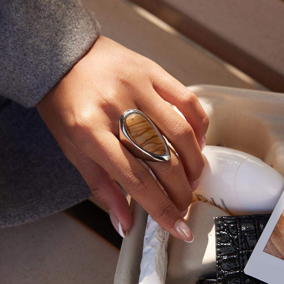 Casual Textured Natural Stone Droplet Stainless Steel Waterproof Silver Color Statement Rings 2