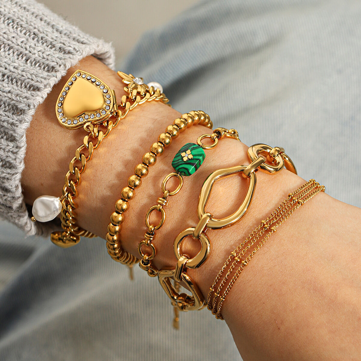 Pulsera de acero inoxidable con cadena de corazón, resistente al agua, color dorado, con piedra natural y circonita