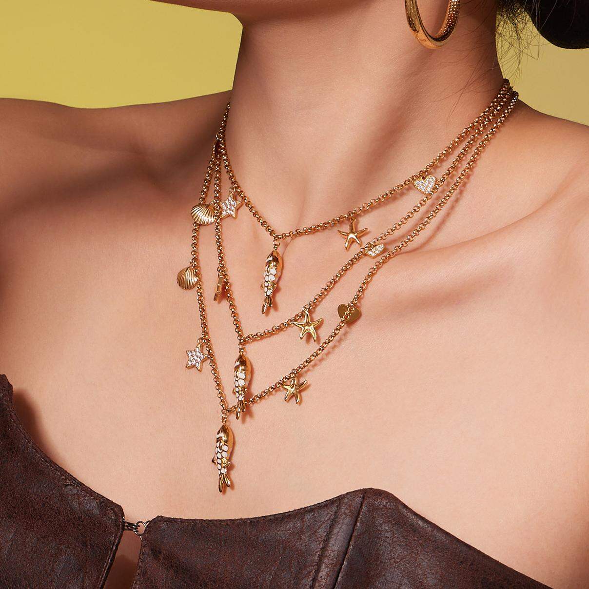 1 Piece Delicate Fish Titanium Steel Gold Color Zircon Women's Pendant Necklaces