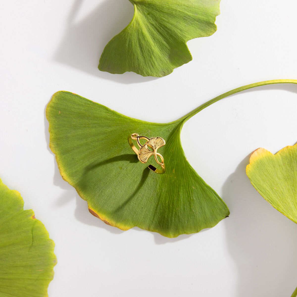 1 stuk eenvoudige, waterdichte, goudkleurige statement ring met ginkgobladmotief, roestvrij staal h5 Afbeelding6