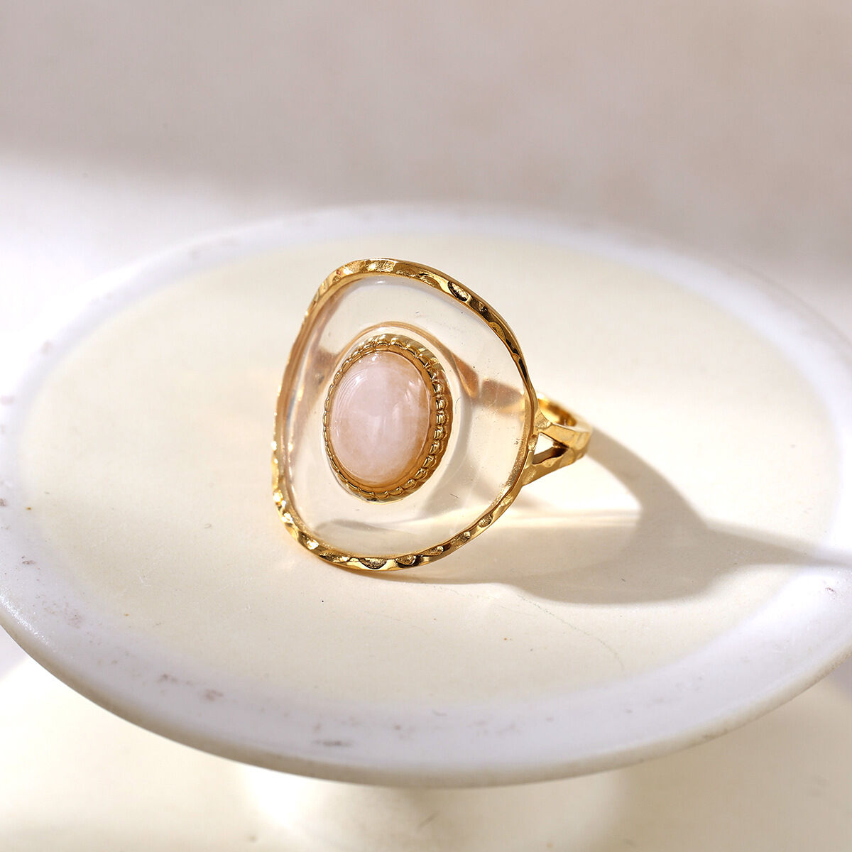 1 Piece Rose Quartz Gorgeous Stainless Steel Waterproof Women's Gemstone Rings Picture4