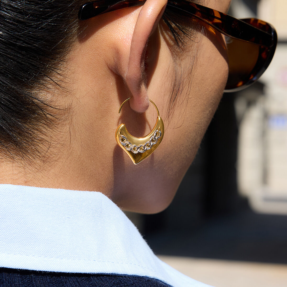 1 Pair Simple Gold Heart & Silver Chain Colors Stainless Steel Waterproof Women's Hoop Earrings
