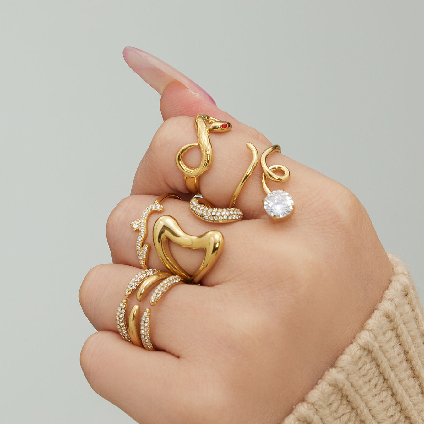 Irregular Lines Stainless Steel Gold Color Zircon Waterproof Anti - Tarnish Women's Gemstone Rings Picture3