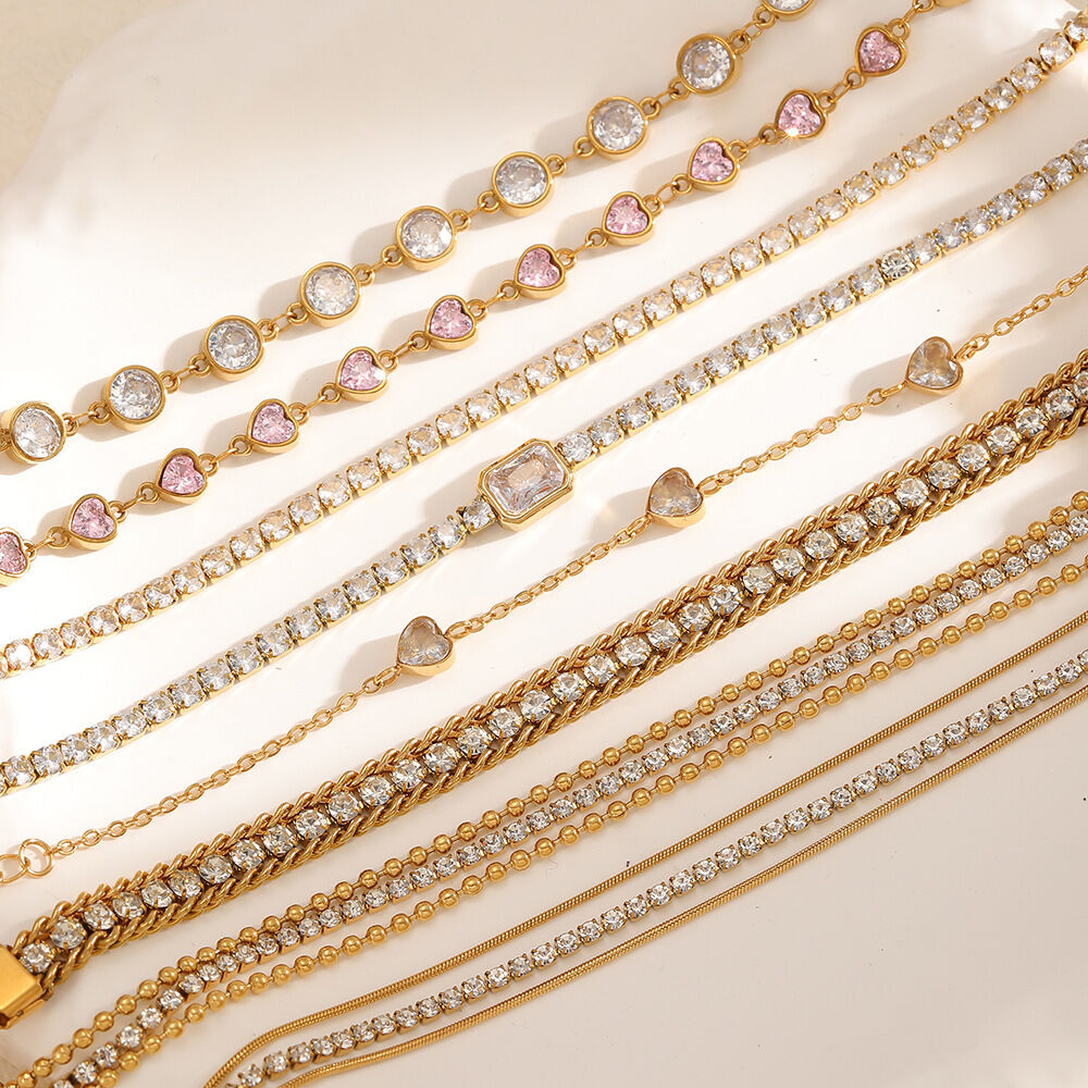 Pulseras de cadena de acero inoxidable brillante con diamantes de imitación de color dorado resistentes al agua para mujer
