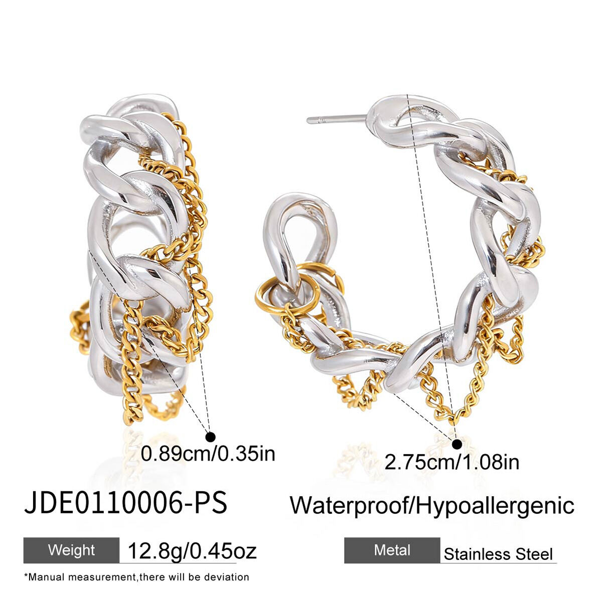 1 paio di orecchini a cerchio da donna in acciaio inossidabile, impermeabili, con catena giornaliera, in colori misti oro e argento Immagine2