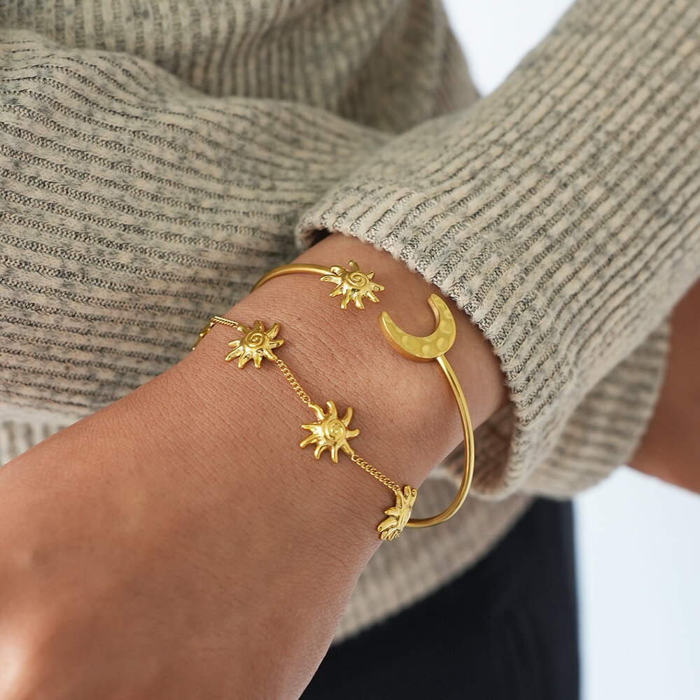 1-teiliges Armband-Set für Damen, goldfarben, aus wasserfestem, anlaufbeständigem Edelstahl in Sonnenform. h5Bild4