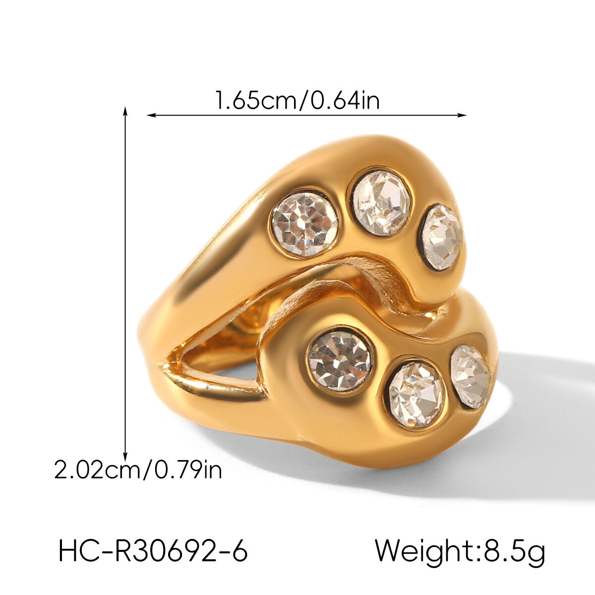 Tropfenförmiger, wasserdichter Statement-Ring aus Edelstahl in Goldfarbe mit Zirkonia h5 Bild2