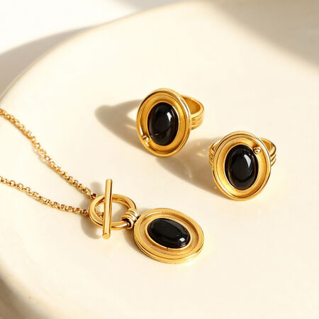 1 Piece Vintage Oval Black Agate Stainless Steel Waterproof Gold Color Women's Pendant Necklaces 2