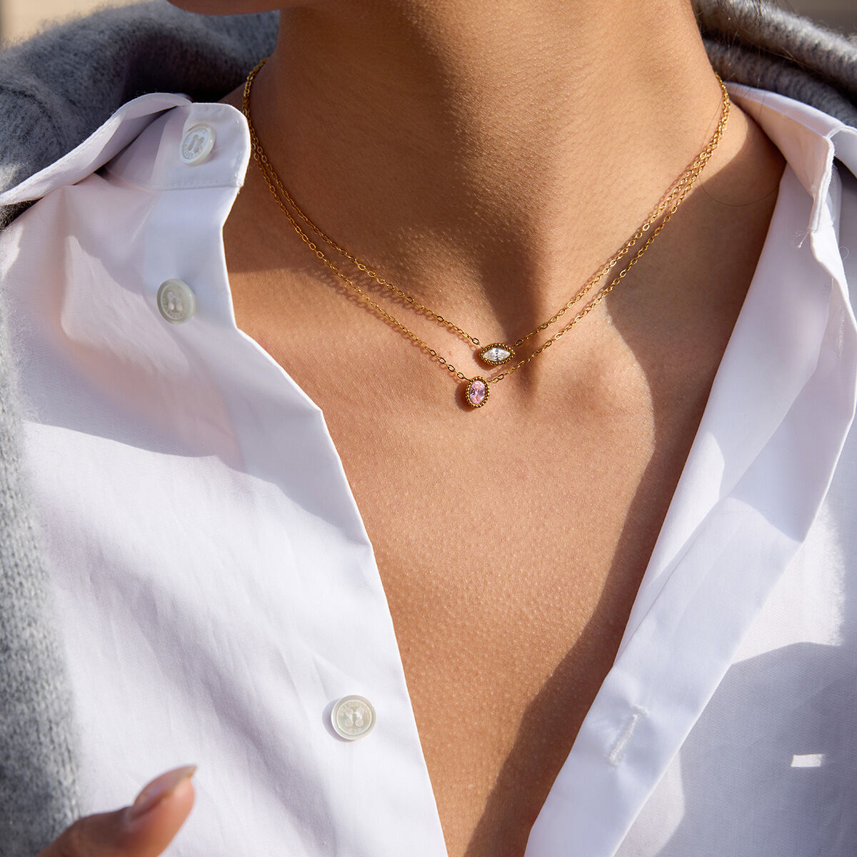 Shimmering Oval Stainless Steel Waterproof&Anti-tarnish Gold Color Zircon Women's Pendant Necklaces h5 Picture4