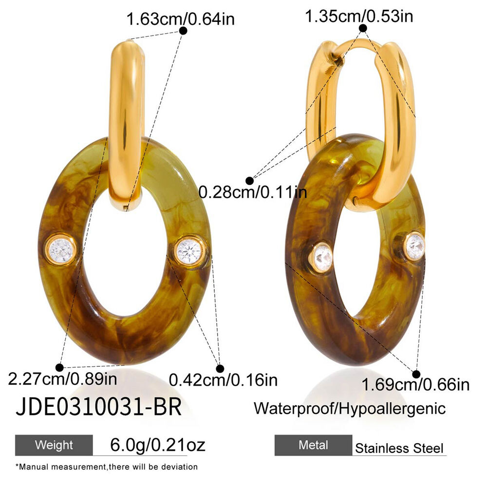1 Çift Vintage Reçine Oval Paslanmaz Çelik Su Geçirmez Altın Renk Kadın Sallantılı Küpe h5Resim2