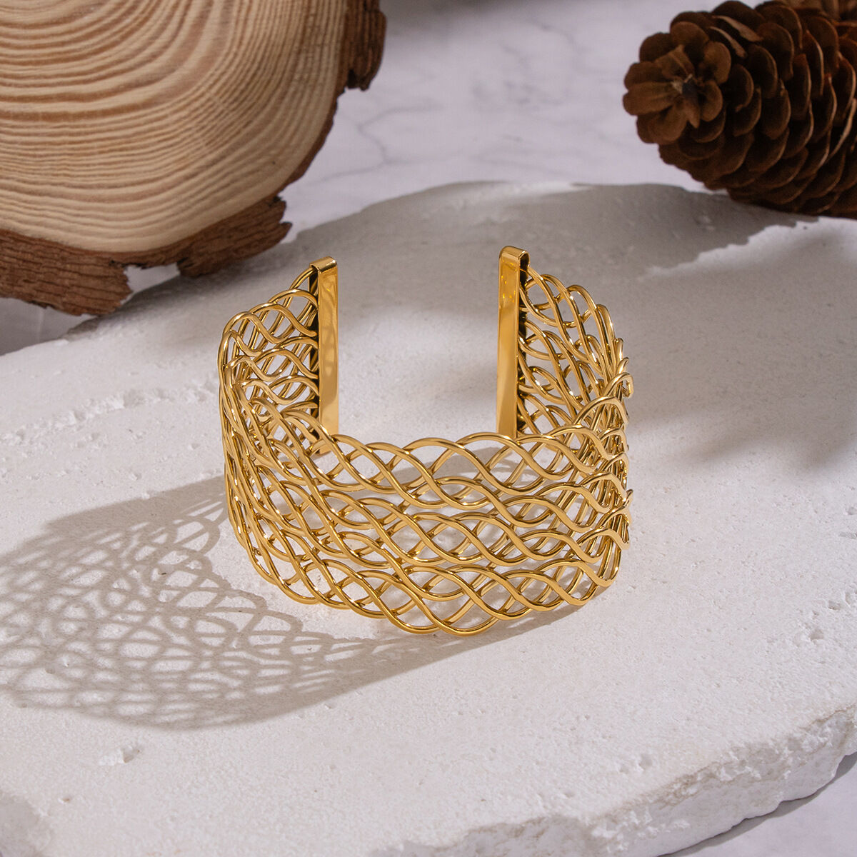 1 Piece Twining Lines Stainless Steel Waterproof Gold Color Cuff Bracelet h5 Picture2