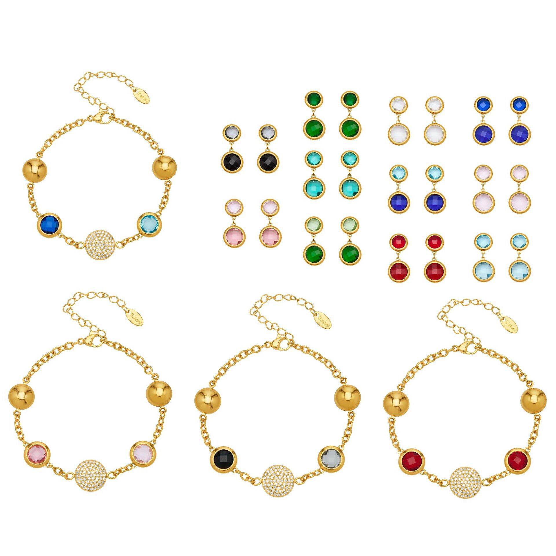 Colorful Round Glass Stainless Steel Waterproof Gold Color Women's Jewelry Sets h5 Picture5