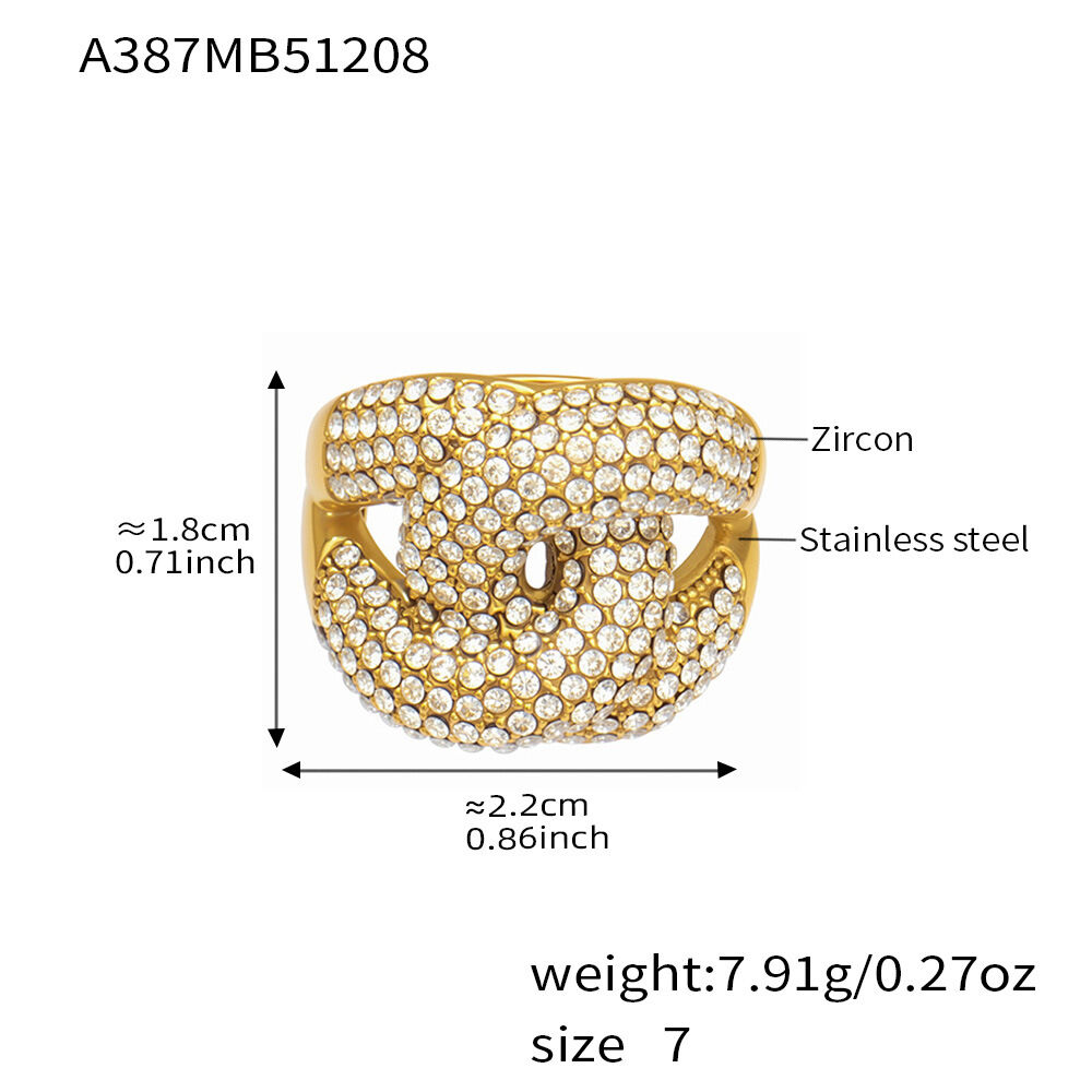 Luxurious Circle Stainless Steel Waterproof Anti - Tarnish Gold Color Fully-Zircon Women's Gemstone Rings 