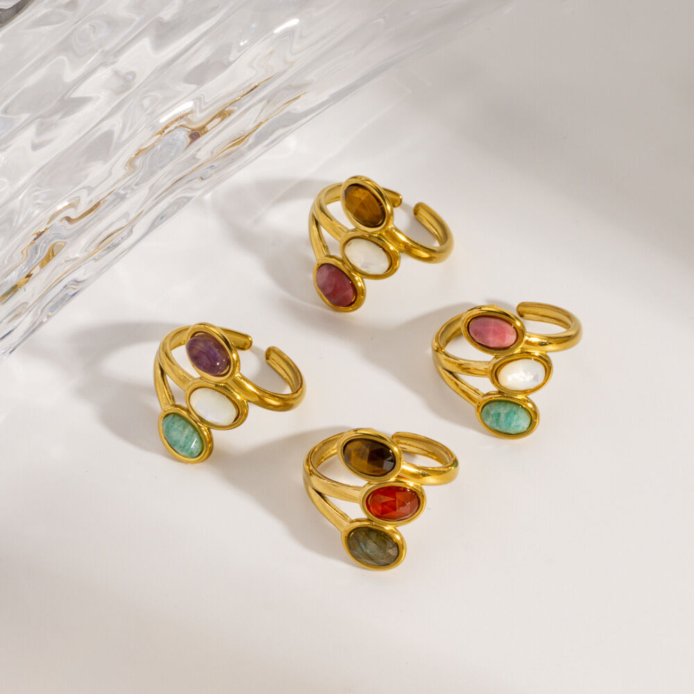 Elegant Three Oval Natural Stone Stainless Steel Waterproof&Anti-tarnish Gold Color Women's Gemstone Rings Picture3