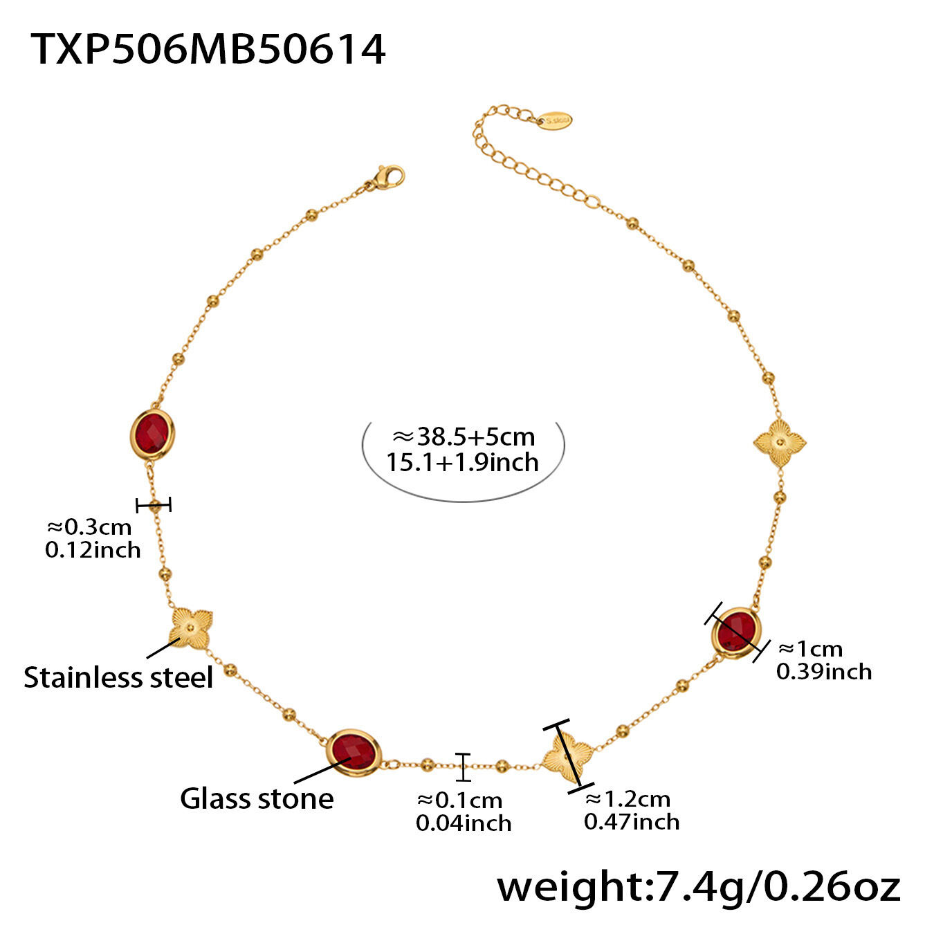 Txp506 - Red Faceted Stone Gold Necklace, 38+5Cm Picture3