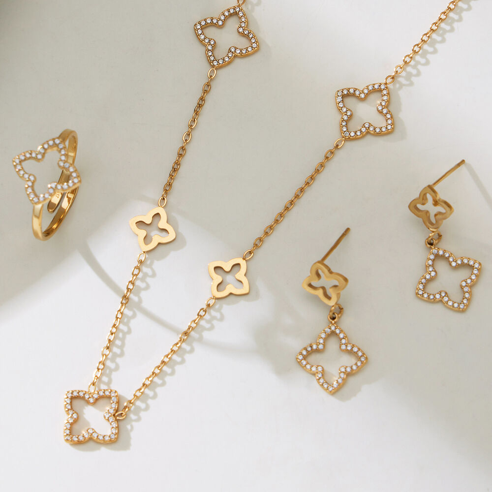 Shining Clover Stainless Steel Waterproof Gold Color Zircon Women's Jewelry Sets Picture4
