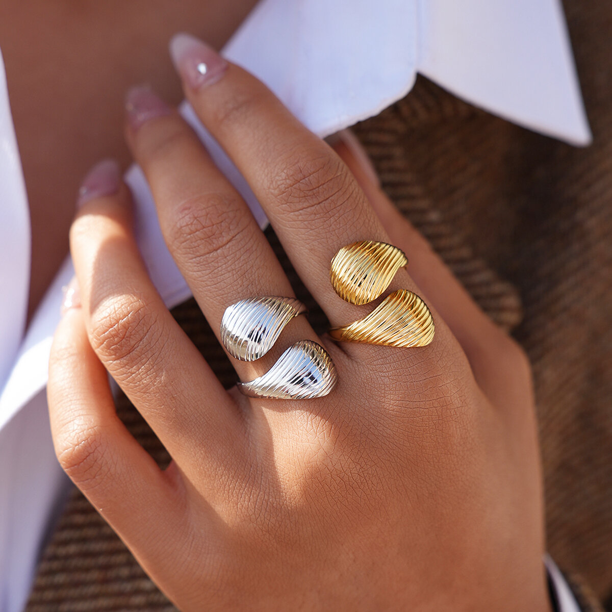 Simple Line Daily Irregular Shape Stainless Steel Waterproof   Gold Color  Statement Rings 2
