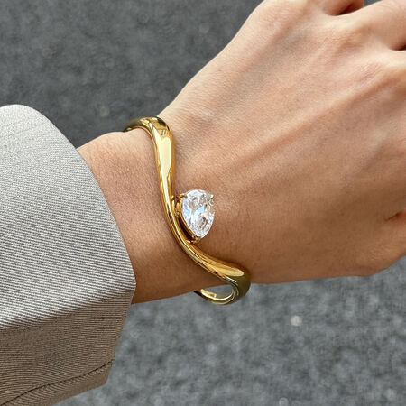1 Piece Sleek Curve Stainless Steel Waterproof Gold Color Zircon Women's Cuff Bracelets