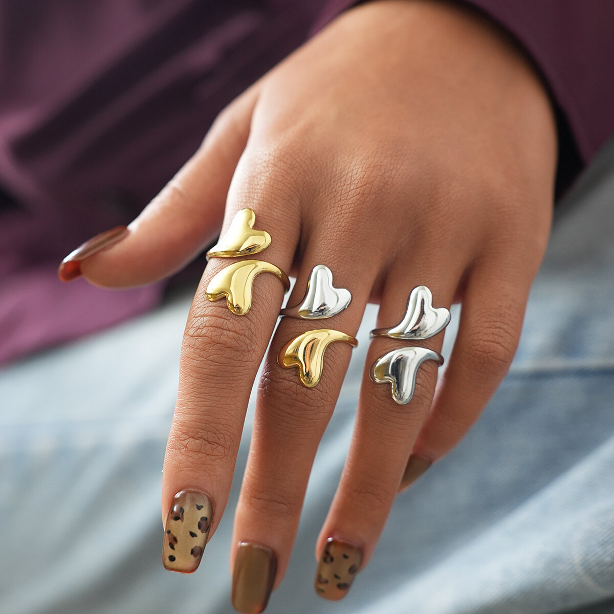 1 Piece Heart Waterproof Anti-Tarnish  Stainless Steel   Gold Color Women's Statement Rings 2