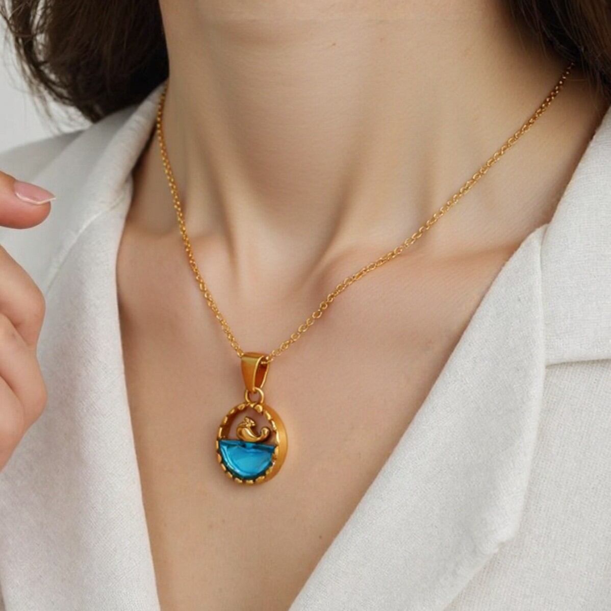 Vacation Sea Stainless Steel Waterproof Gold Color Rhinestone Women's Pendant Necklaces Picture3