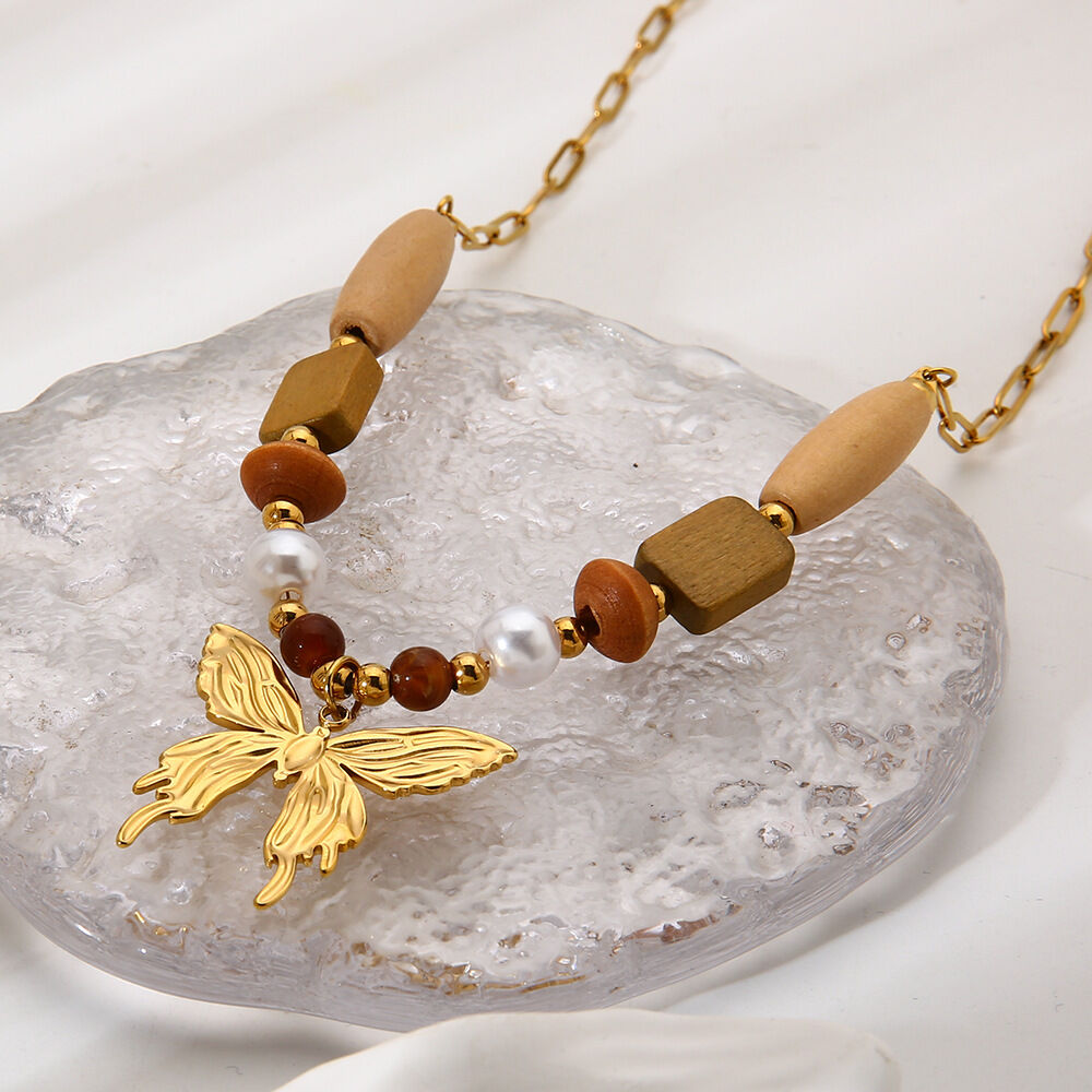 Butterfly Wooden Beads Stainless Steel Waterproof  Anti - Tarnish Gold Color Women's Pendant Necklaces 2