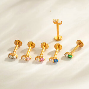 Double Round Titanium Alloy Gold Color Zircon Women's Piercing Earrings h5 Picture5