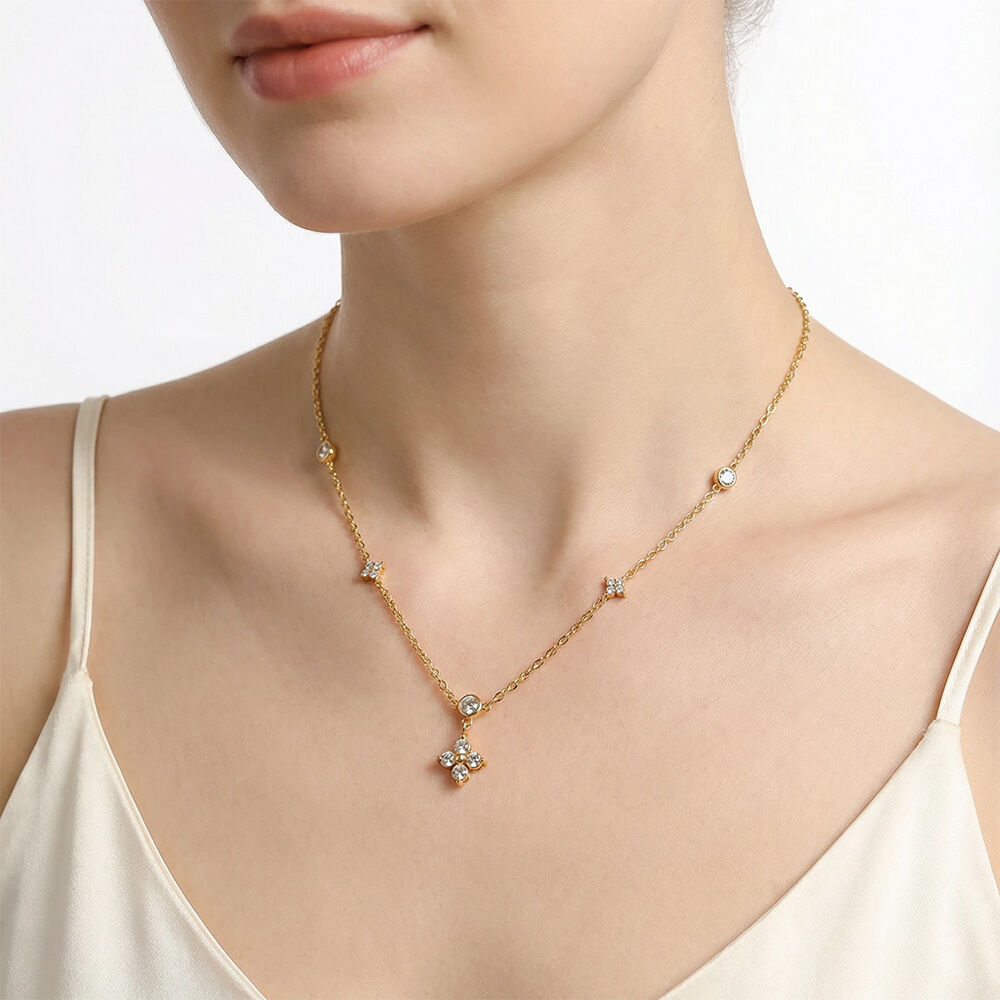 Delicate Clover Stainless Steel Waterproof  Anti - Tarnish Gold Color Zircon Women's Pendant Necklaces Picture6