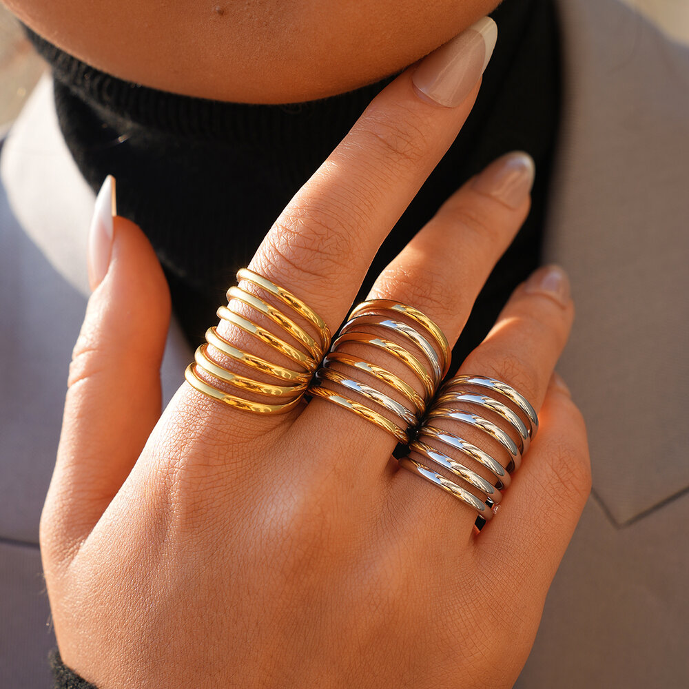 Simple Series Daily Lines Stainless Steel Waterproof Gold Color Statement Rings Picture3