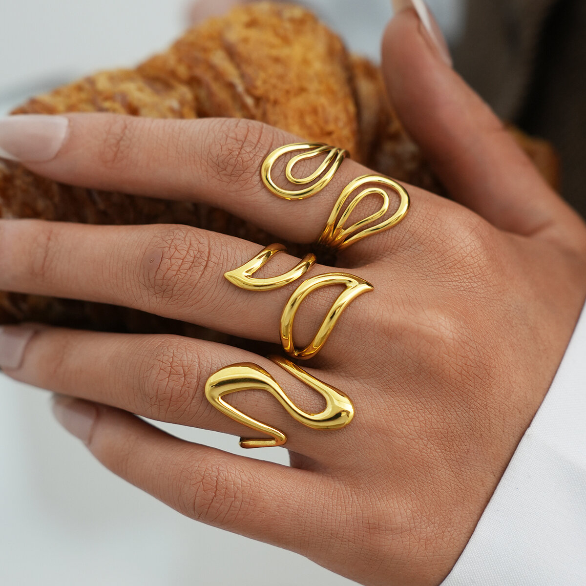 Simple Series Daily Irregular Shape Lines Stainless Steel Waterproof   Gold Color  Ring