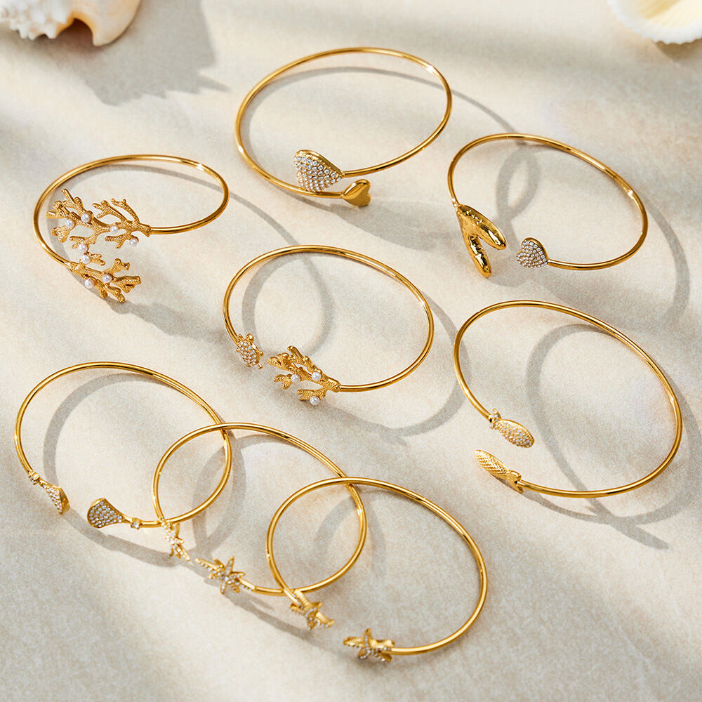 Marine Series Zircon Stainless Steel Waterproof&Anti-tarnish Gold Color Women's Cuff Bracelets h5 Picture2
