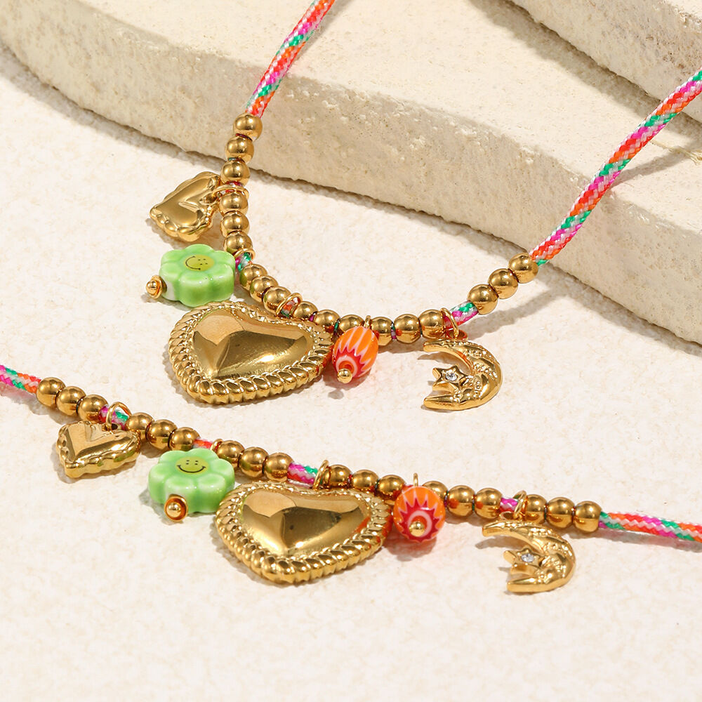 Heart Charm Stainless Steel Waterproof Colorful Cotton Rope Necklace h5 Picture3
