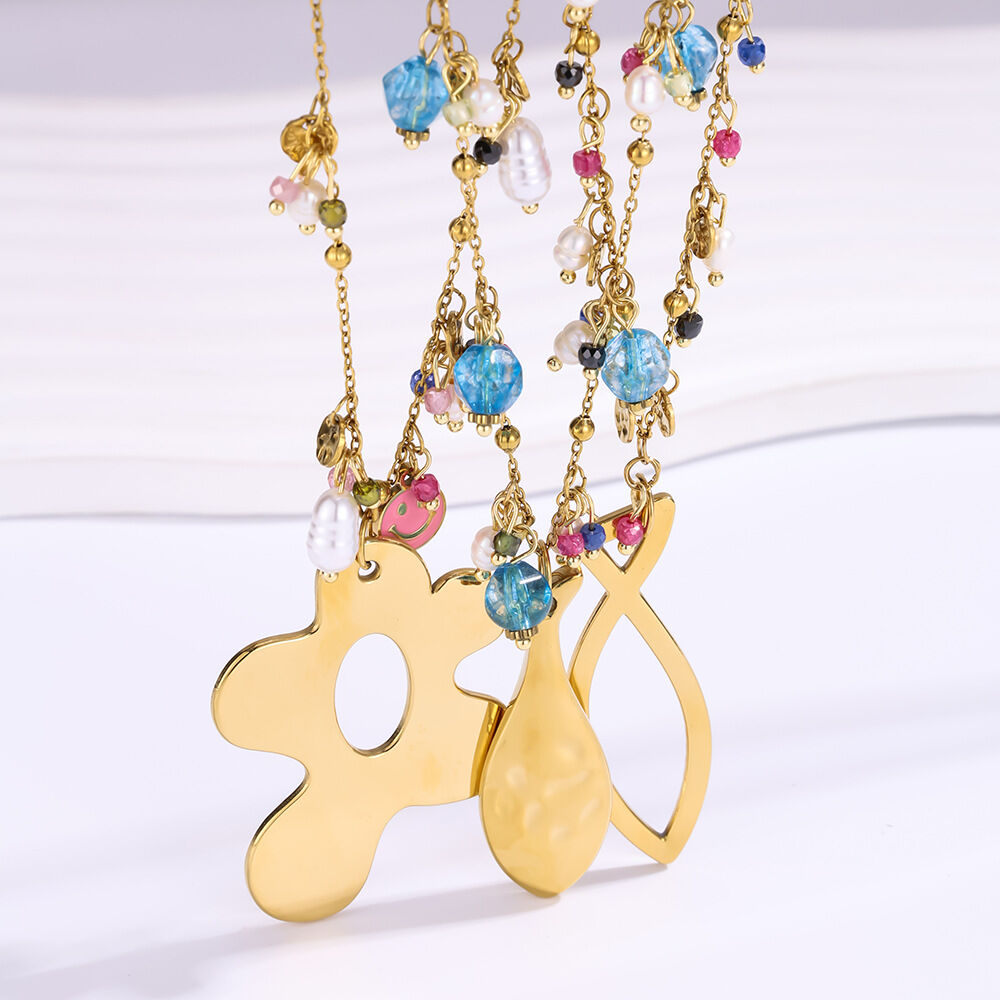 Bold Natural Stone Stainless Steel Waterproof Gold Color Women's Pendant Necklaces